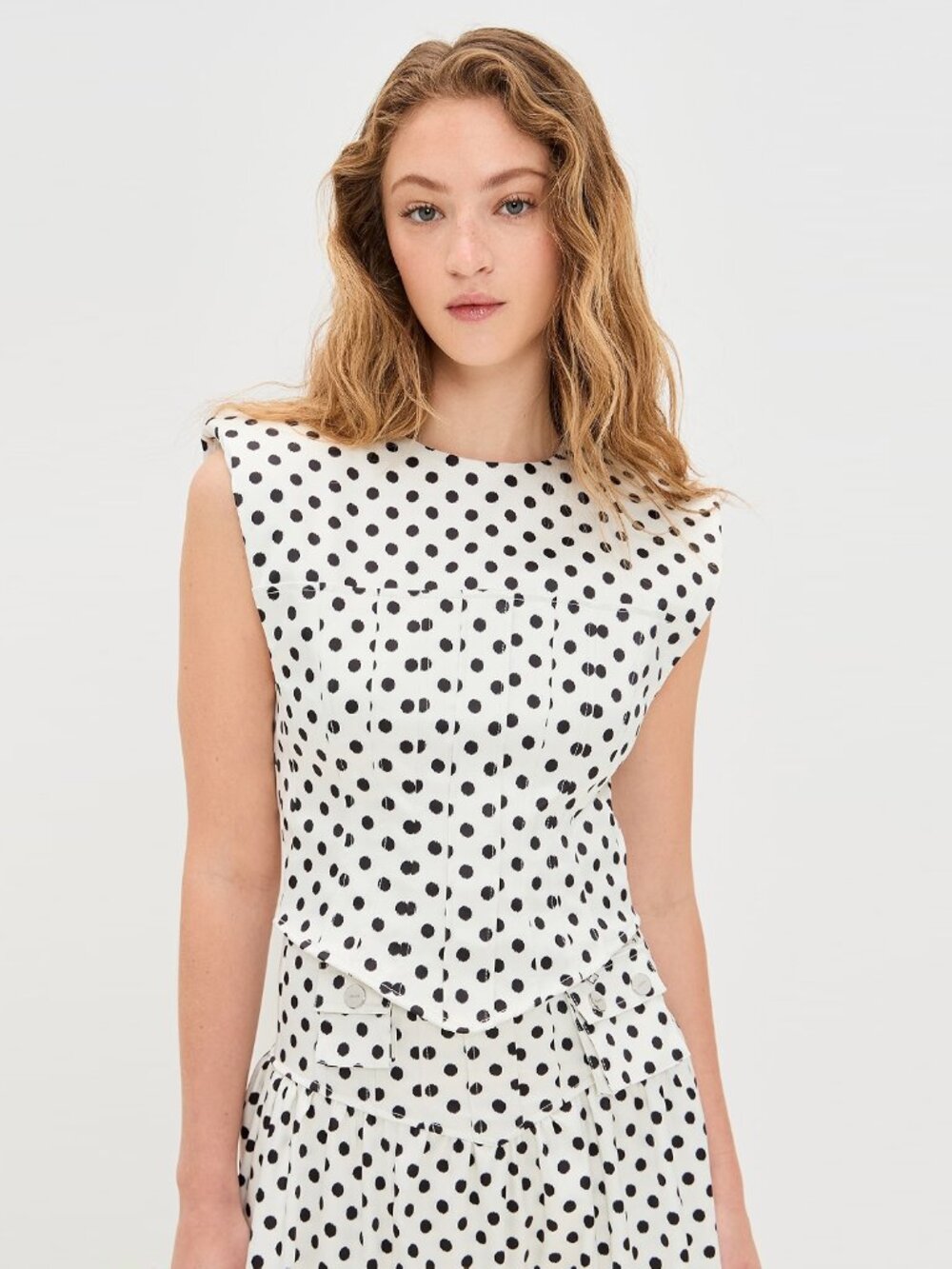 Ganni Polka Dot Satin Top in White/Black, size 36